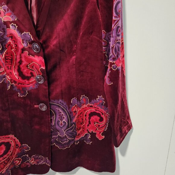 Coldwater Creek Velvet Style Rich Burgundy Color Floral Blazer Jacket - Size 12 - Picture 6 of 11